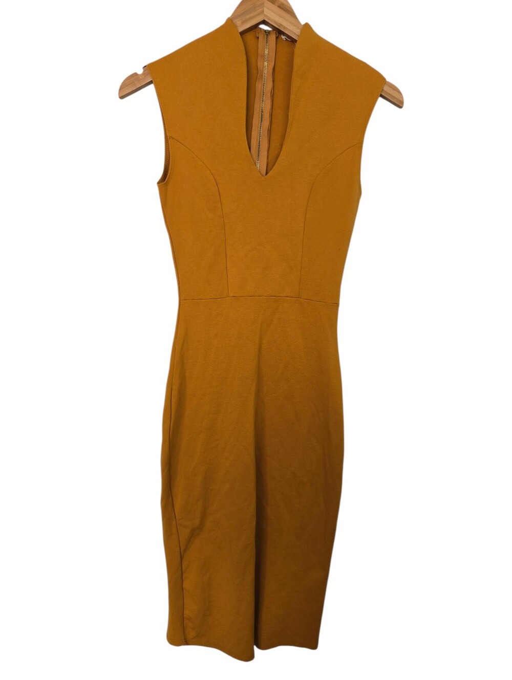 🤎 Rolla Coster Mustard Mock Neck Bodycon Midi Dress | Gold Back Zip | Size Smal - Picture 2 of 6